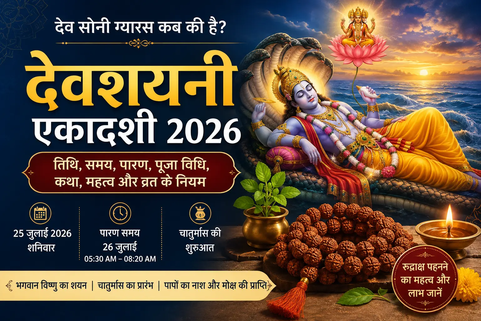 Dev Kab Soyenge 2026: देवशयनी एकादशी कब की है, तिथि, शुभ मुहूर्त, पारण समय, पूजा विधि, कथा और महत्व